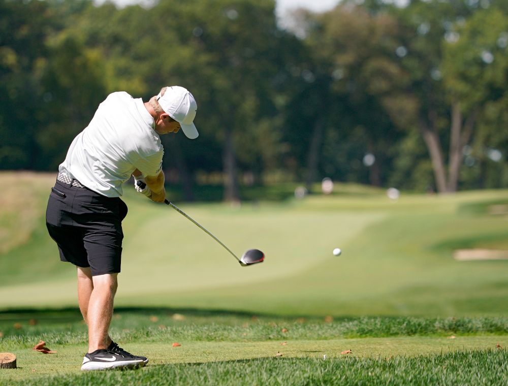 Iowa’s Matthew Garside tees off during the second day of the Golfweek Conference Challenge at the Cedar Rapids Country Club in Cedar Rapids on Monday, Sep 16, 2019. (Stephen Mally/hawkeyesports.com)