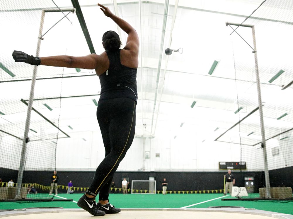 Iowa’s Laulauga Tausaga throws during the women’s weight throw event at the Hawkeye Tennis and Recreation Complex in Iowa City on Friday, January 31, 2020. (Stephen Mally/hawkeyesports.com)