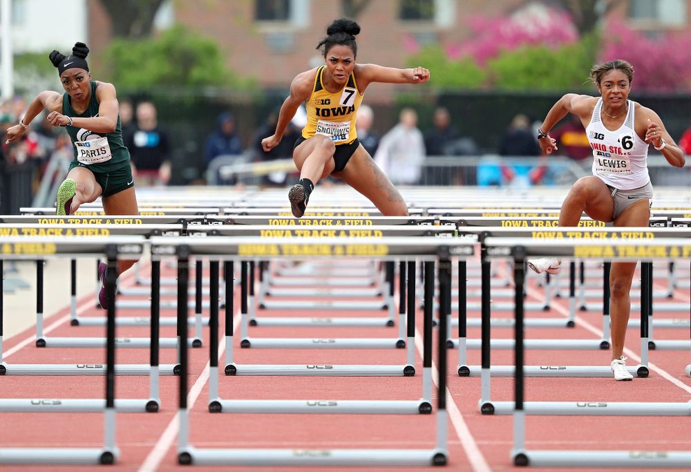 Iowa's Tria Simmons runs the women’s 100 meter hurdles event on the third day of the Big Ten Outdoor Track and Field Championships at Francis X. Cretzmeyer Track in Iowa City on Sunday, May. 12, 2019. (Stephen Mally/hawkeyesports.com)