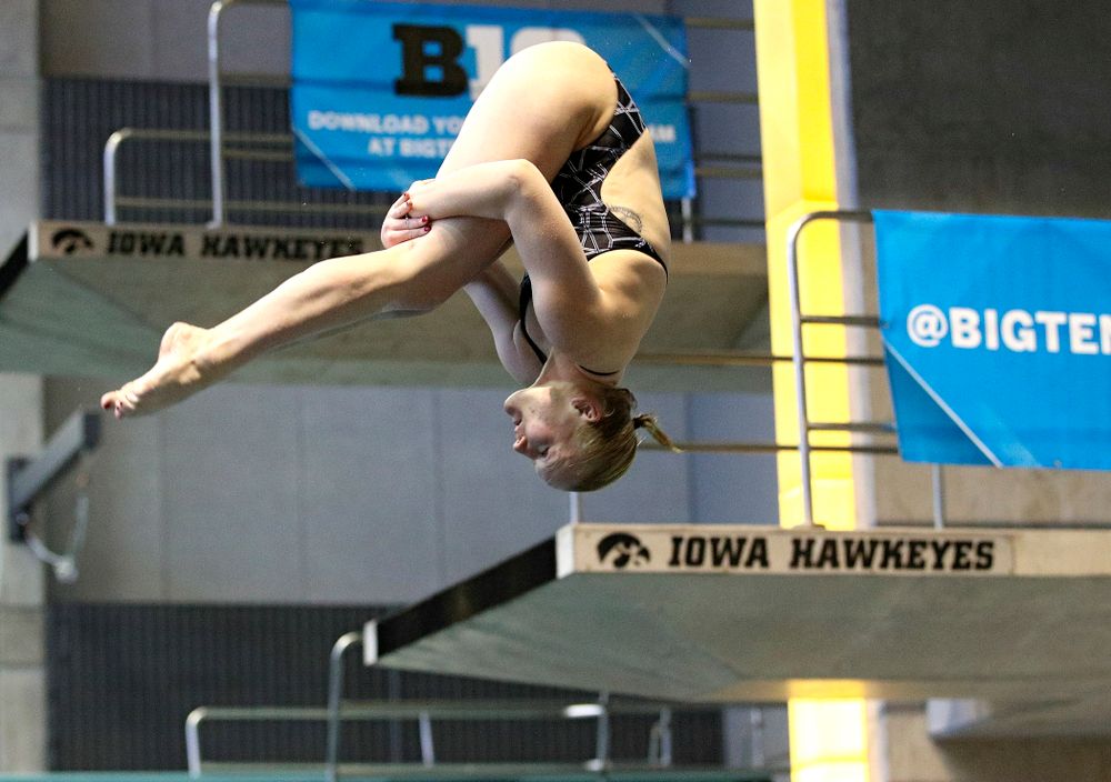 Iowa’s Thelma Strandberg competes in the women’s 1 meter diving preliminary event during the 2020 Women’s Big Ten Swimming and Diving Championships at the Campus Recreation and Wellness Center in Iowa City on Thursday, February 20, 2020. (Stephen Mally/hawkeyesports.com)