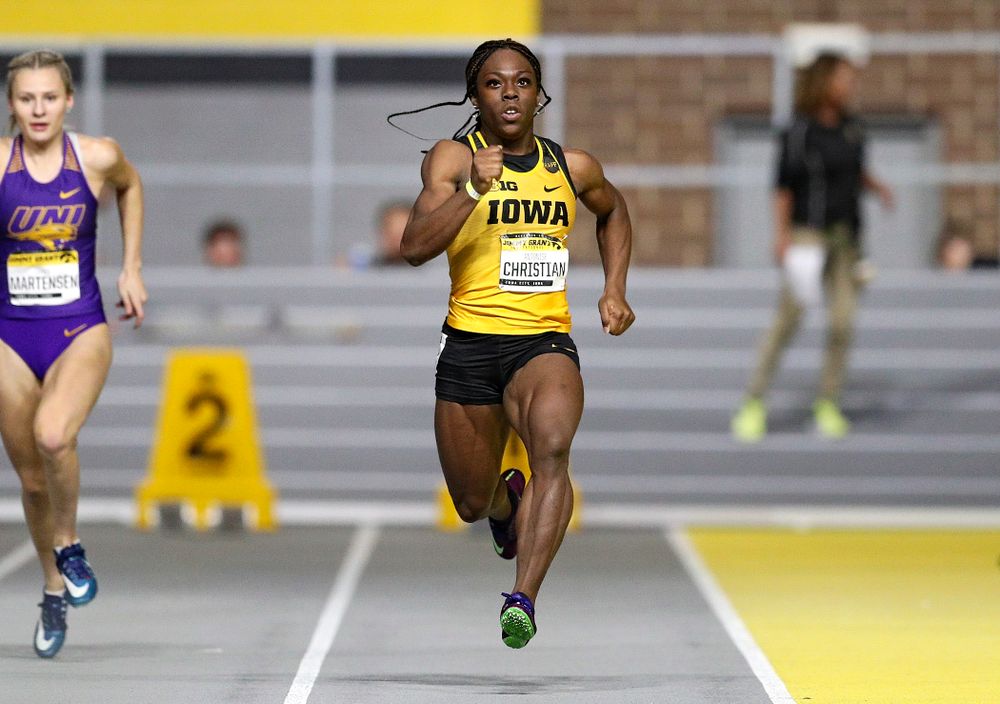 Iowa’s Antonise Christian runs the women’s 60 meter dash event during the Jimmy Grant Invitational at the Recreation Building in Iowa City on Saturday, December 14, 2019. (Stephen Mally/hawkeyesports.com)