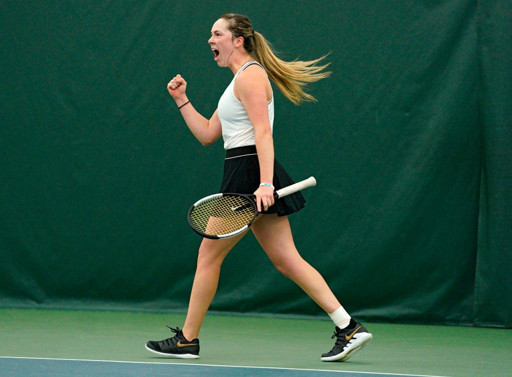 Iowa’s Samantha Mannix celebrates a point during her doubles match at the Hawkeye Tennis and Recreation Complex in Iowa City on Sunday, February 16, 2020. (Stephen Mally/hawkeyesports.com)