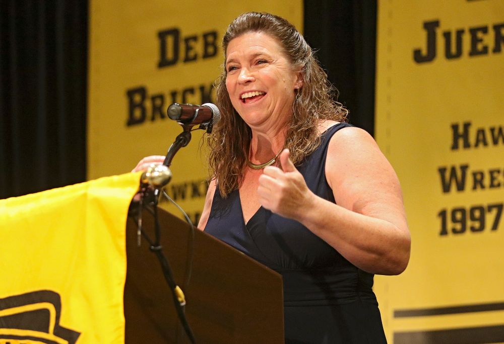 2019 University of Iowa Athletics Hall of Fame inductee Diane Pohl speaks during the Hall of Fame Induction Ceremony at the Coralville Marriott Hotel and Conference Center in Coralville on Friday, Aug 30, 2019. (Stephen Mally/hawkeyesports.com)