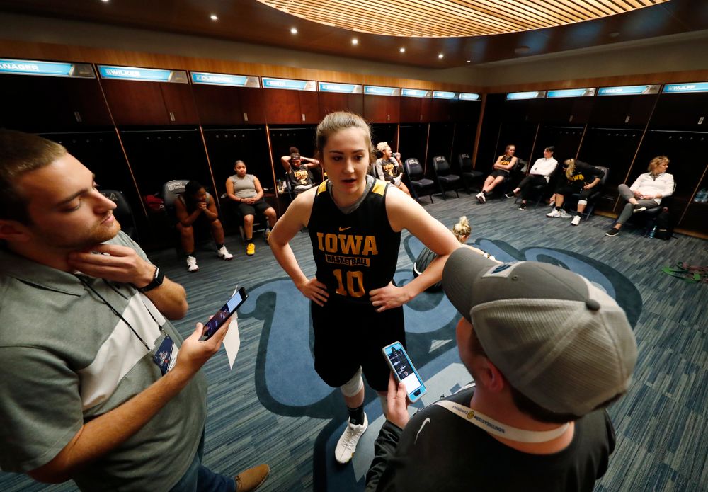 Iowa Hawkeyes forward Megan Gustafson (10) answers questions from reporters before practice Friday, March 16, 2018 at Pauley Pavilion on the campus of UCLA. (Brian Ray/hawkeyesports.com)