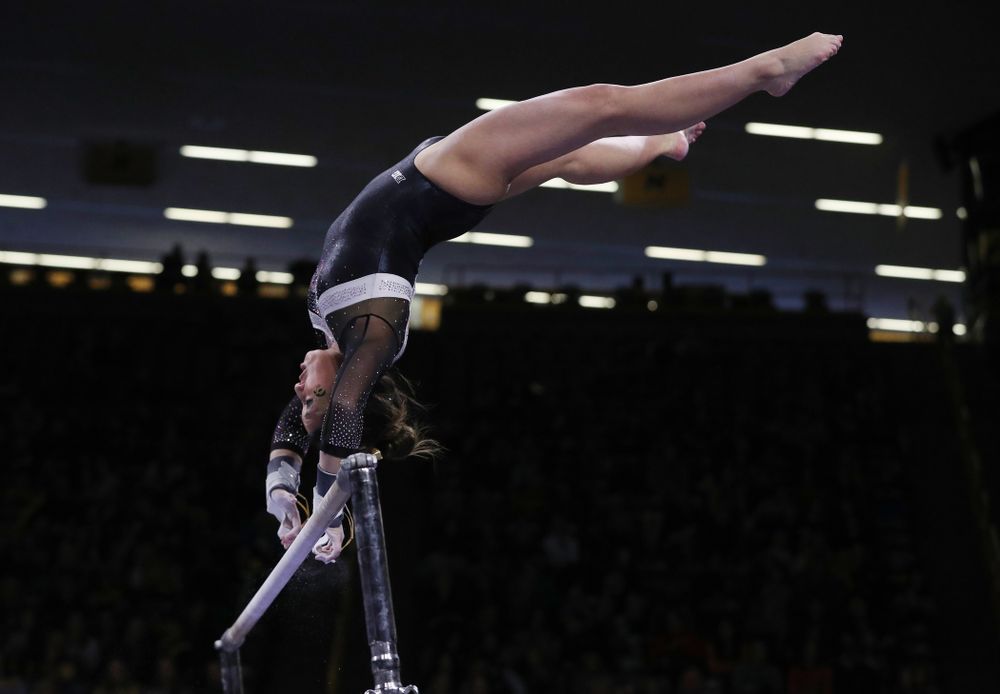 Iowa's Nicole Chowl competes on the bars against the Rutgers Scarlet Knights Saturday, January 26, 2019 at Carver-Hawkeye Arena. (Brian Ray/hawkeyesports.com)