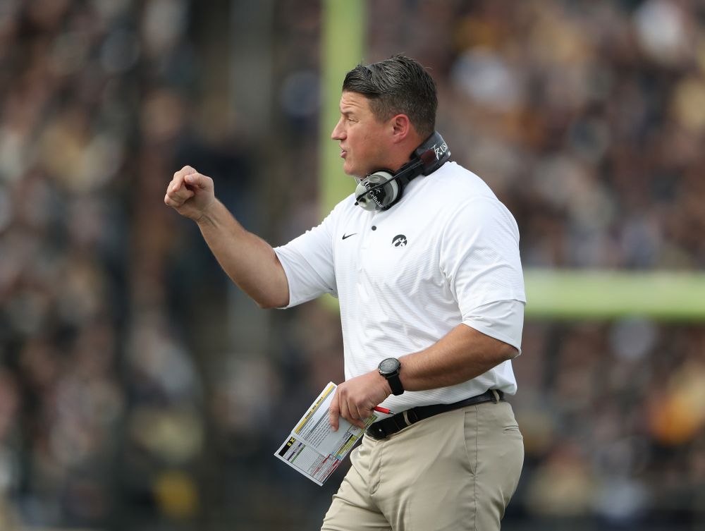 Iowa Hawkeyes offensive coordinator Brian Ferentz against the Purdue Boilermakers Saturday, November 3, 2018 Ross Ade Stadium in West Lafayette, Ind. (Brian Ray/hawkeyesports.com)