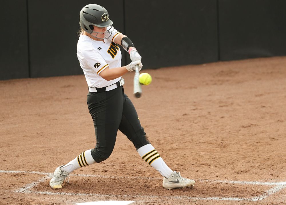 Iowa designated player Miranda Schulte (20) bats during the second inning of their game against Ohio State at Pearl Field in Iowa City on Friday, May. 3, 2019. (Stephen Mally/hawkeyesports.com)