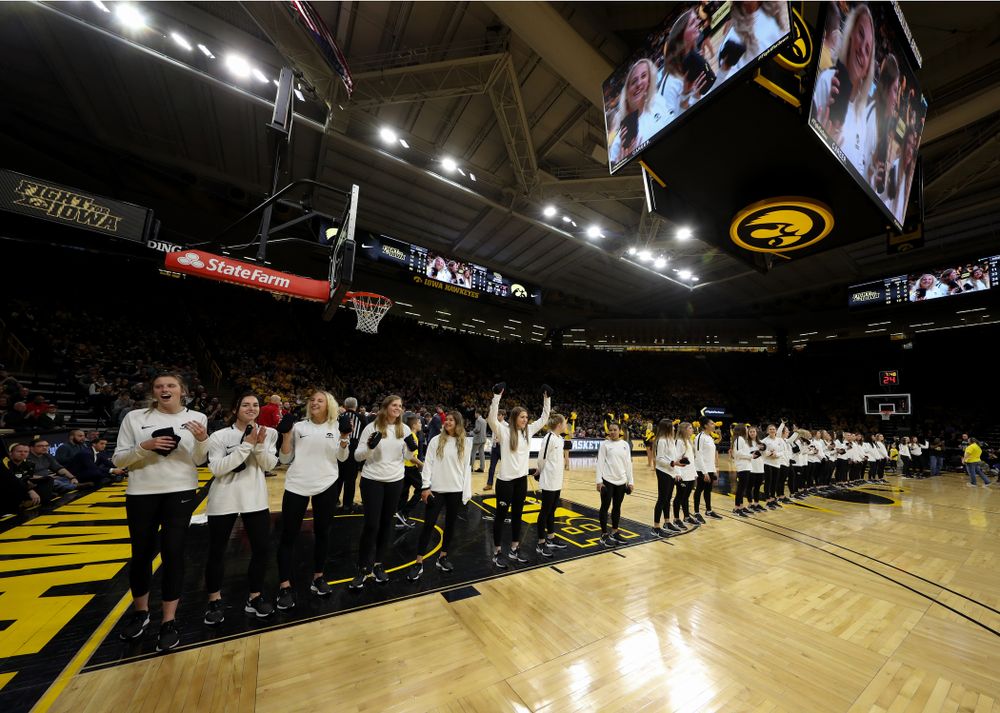 The Iowa Soccer Team is recognized during the Iowa Hawkeyes game against the Nebraska Cornhuskers Saturday, February 8, 2020 at Carver-Hawkeye Arena. (Brian Ray/hawkeyesports.com)