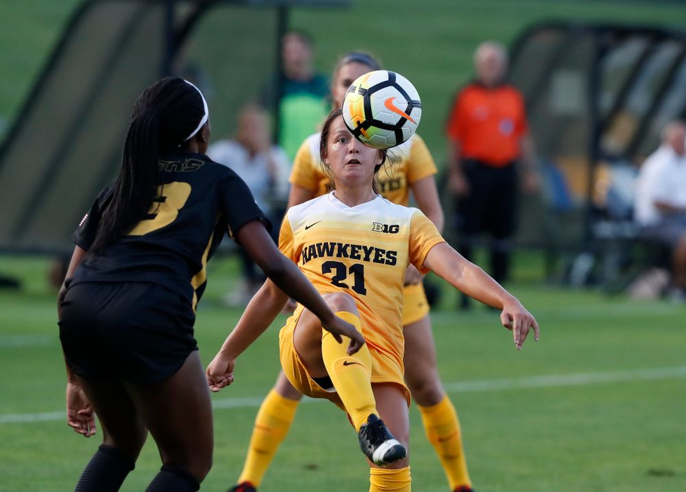 Iowa Hawkeyes Emma Tokuyama (21) against the Missouri Tigers Friday, August 17, 2018 at the Iowa Soccer Complex. (Brian Ray/hawkeyesports.com)