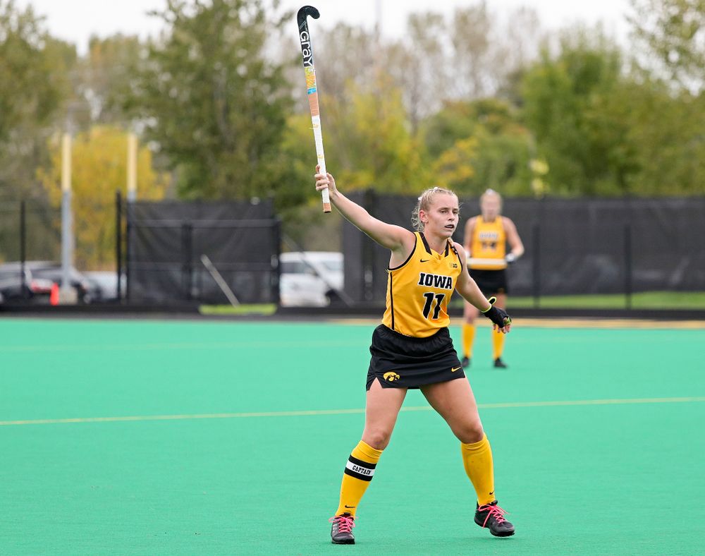 Iowa’s Katie Birch (11) raises her stick in the air to try to block a pass during the second quarter of their game against UC Davis at Grant Field in Iowa City on Sunday, Oct 6, 2019. (Stephen Mally/hawkeyesports.com)