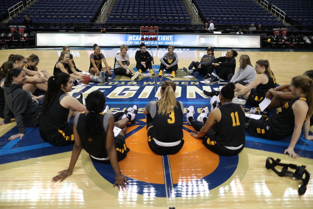 The Iowa Hawkeyes talk in their circle during shoot around before their regional final against the Baylor Lady Bears in the 2019 NCAA Women's College Basketball Tournament Monday, April 1, 2019 at Greensboro Coliseum in Greensboro, NC.(Brian Ray/hawkeyesports.com)