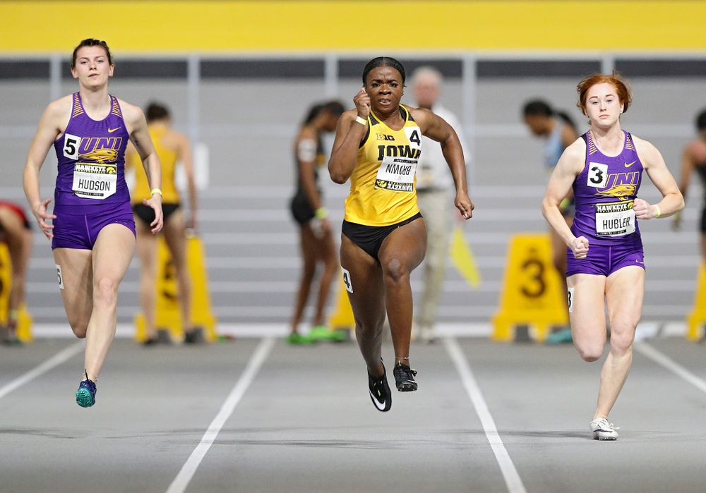 Iowa’s Traci Brown runs in the women’s 60 meter dash prelim event during the Hawkeye Invitational at the Recreation Building in Iowa City on Saturday, January 11, 2020. (Stephen Mally/hawkeyesports.com)