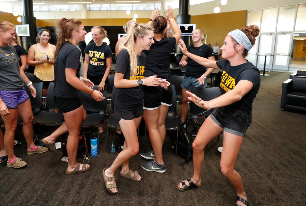 The Iowa Hawkeyes celebrate after receiving an at large bid to the 2018 NCAA Rowing Championships Tuesday, May 15, 2018 at Carver-Hawkeye Arena. The 22 team field will compete May 25-27 in Sarasota, Florida. (Brian Ray/hawkeyesports.com)