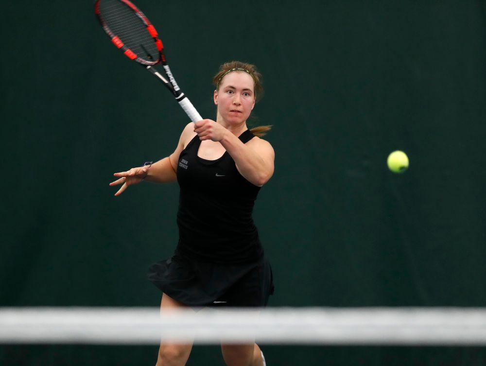 Anastasia Reimchen against Ohio State Sunday, March 25, 2018 at the Hawkeye Tennis and Recreation Center. (Brian Ray/hawkeyesports.com)