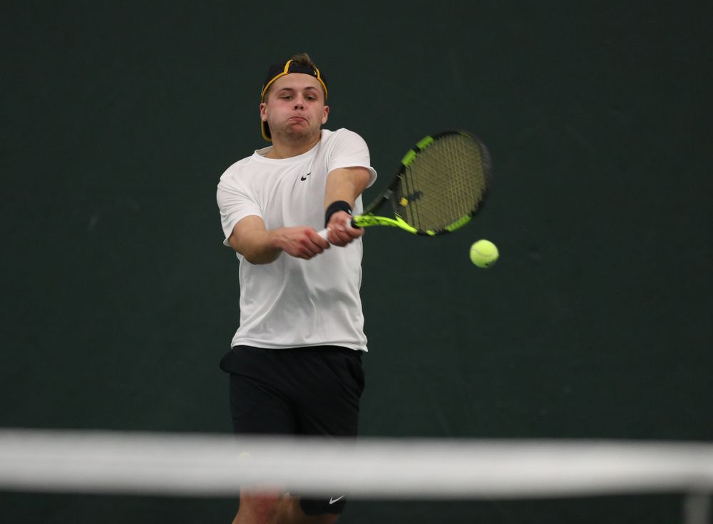 Will Davies against the Miami Hurricanes Friday, February 8, 2019 at the Hawkeye Tennis and Recreation Complex. (Brian Ray/hawkeyesports.com)