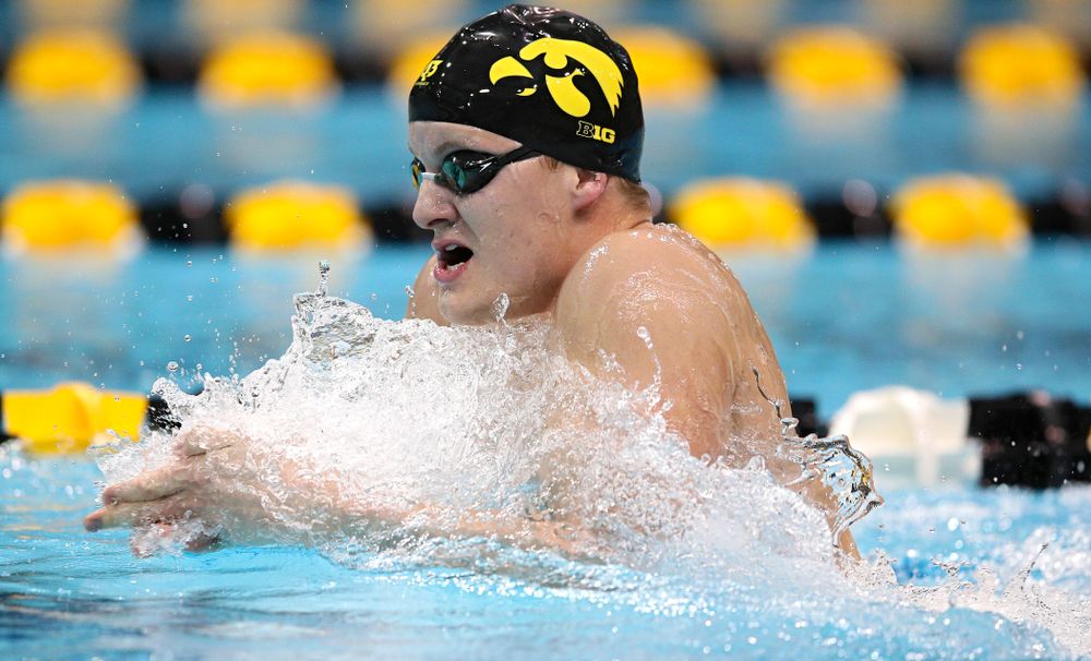 Iowa’s William Myhre swims the breaststroke section in the men’s 400 yard medley relay event during their meet at the Campus Recreation and Wellness Center in Iowa City on Friday, February 7, 2020. (Stephen Mally/hawkeyesports.com)