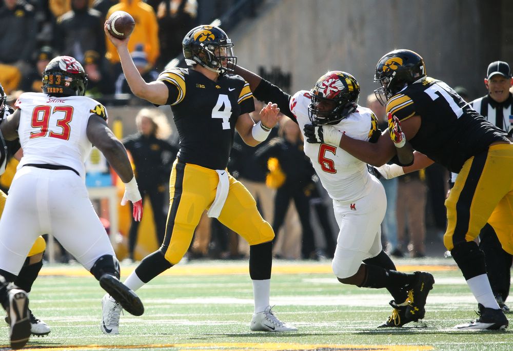 Iowa Hawkeyes quarterback Nate Stanley (4) passes the ball during a game against Maryland at Kinnick Stadium on October 20, 2018. (Tork Mason/hawkeyesports.com)