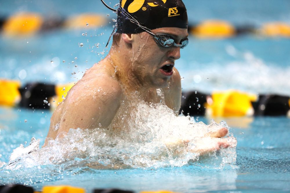 Iowa's Caleb Babb swims the 100 yard breaststroke during a double dual against Wisconsin and Northwestern Saturday, January 19, 2019 at the Campus Recreation and Wellness Center. (Brian Ray/hawkeyesports.com)