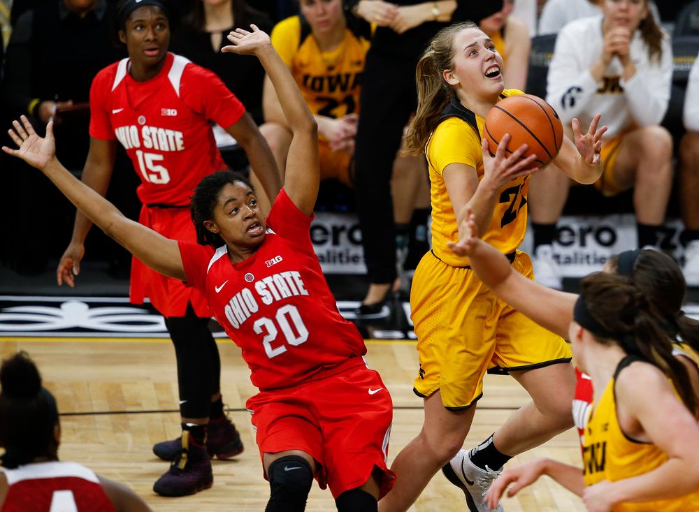Iowa Hawkeyes guard Kathleen Doyle (22) goes up for a layup during a game against the Ohio State Buckeyes at Carver-Hawkeye Arena on January 25, 2018. (Tork Mason/hawkeyesports.com)