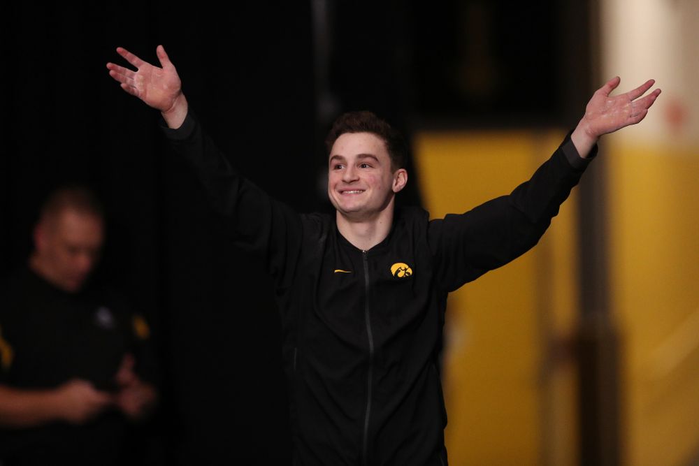 Iowa's Jake Brodarzon is introduced before their meet against Oklahoma Saturday, February 9, 2019 at Carver-Hawkeye Arena. (Brian Ray/hawkeyesports.com)
