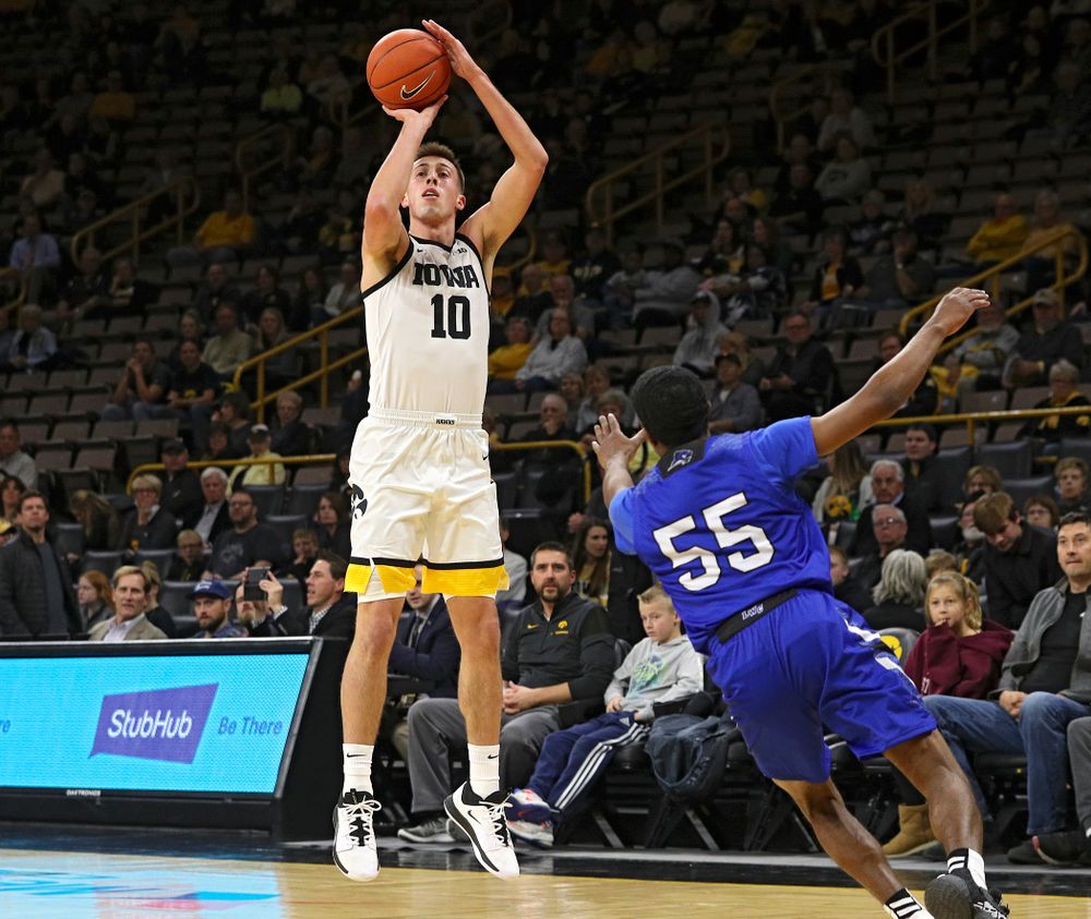 Iowa Hawkeyes guard Joe Wieskamp (10) makes a basket during the first half of their exhibition game against Lindsey Wilson College at Carver-Hawkeye Arena in Iowa City on Monday, Nov 4, 2019. (Stephen Mally/hawkeyesports.com)