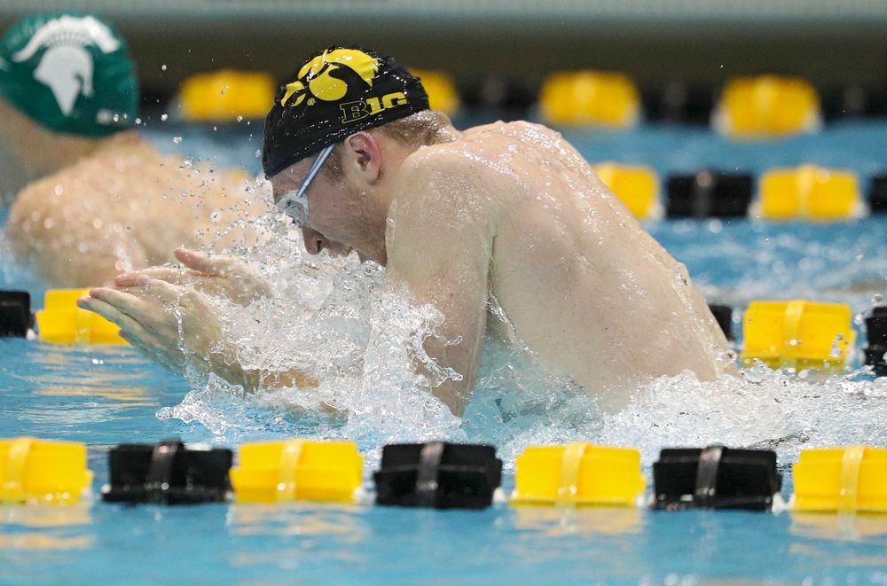 Iowa’s Sam Dumford swims the breaststroke section of the 100-yard individual medley event during their meet against Michigan State at the Campus Recreation and Wellness Center in Iowa City on Thursday, Oct 3, 2019. (Stephen Mally/hawkeyesports.com)