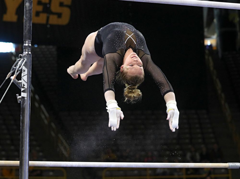 Iowa’s Ellie Rogers competes on the bars during their meet at Carver-Hawkeye Arena in Iowa City on Sunday, March 8, 2020. (Stephen Mally/hawkeyesports.com)
