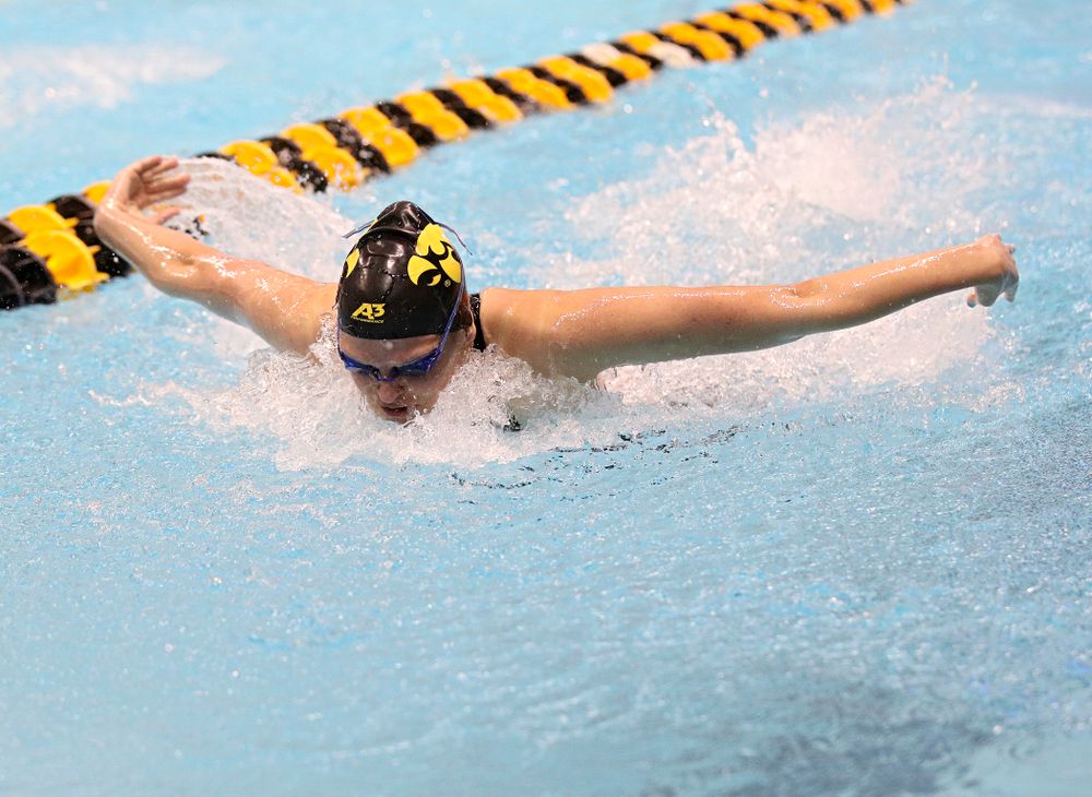 Iowa’s Sarah Schemmel swims the women’s 100 yard butterfly C finals event during the 2020 Women’s Big Ten Swimming and Diving Championships at the Campus Recreation and Wellness Center in Iowa City on Friday, February 21, 2020. (Stephen Mally/hawkeyesports.com)