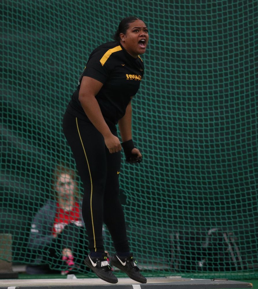 Iowa's Laulauga Tausaga sets a school record in the weight throw  Friday, January 11, 2019 at the Hawkeye Tennis and Recreation Center. Tausaga set the new mark with a throw of 20.67m, 67-9 3/4. (Brian Ray/hawkeyesports.com)