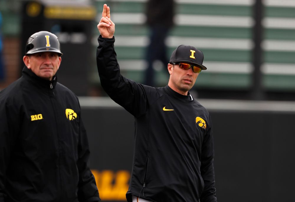 Iowa Hawkeyes pitching coach Desi Druschel during a double header against the Indiana Hoosiers Friday, March 23, 2018 at Duane Banks Field. (Brian Ray/hawkeyesports.com)