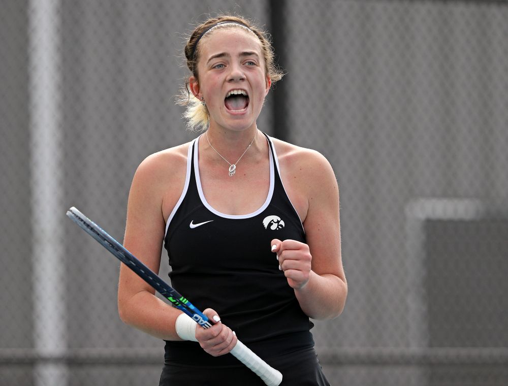 Iowa's Sophie Clark celebrates a point during a match against Rutgers at the Hawkeye Tennis and Recreation Complex in Iowa City on Friday, Apr. 5, 2019. (Stephen Mally/hawkeyesports.com)
