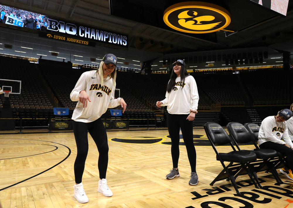 Iowa Hawkeyes forward Hannah Stewart (21) and forward Megan Gustafson (10) during a celebration of their Big Ten Women's Basketball Tournament championship Monday, March 18, 2019 at Carver-Hawkeye Arena. (Brian Ray/hawkeyesports.com)