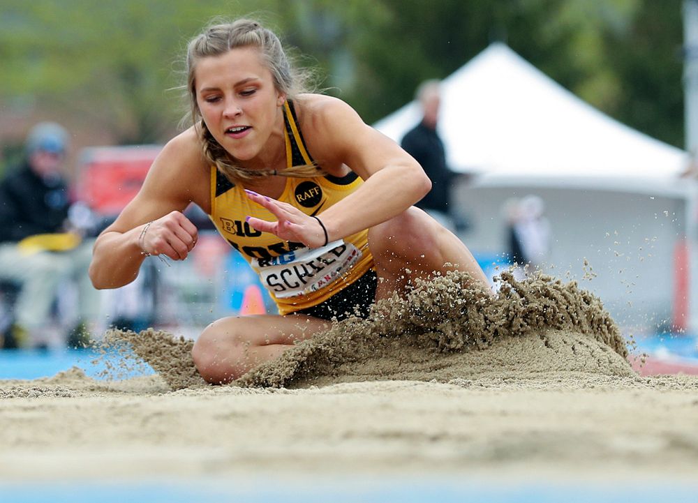 Iowa's Hannah Schilb jumps in the women’s triple jump event on the third day of the Big Ten Outdoor Track and Field Championships at Francis X. Cretzmeyer Track in Iowa City on Sunday, May. 12, 2019. (Stephen Mally/hawkeyesports.com)