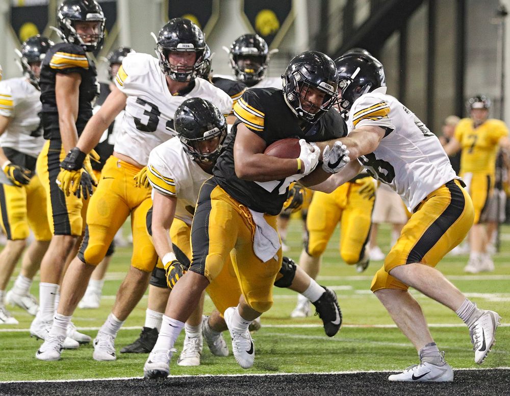 Iowa Hawkeyes running back Toren Young (28) powers into the end zone during Fall Camp Practice No. 6 at the Hansen Football Performance Center in Iowa City on Thursday, Aug 8, 2019. (Stephen Mally/hawkeyesports.com)