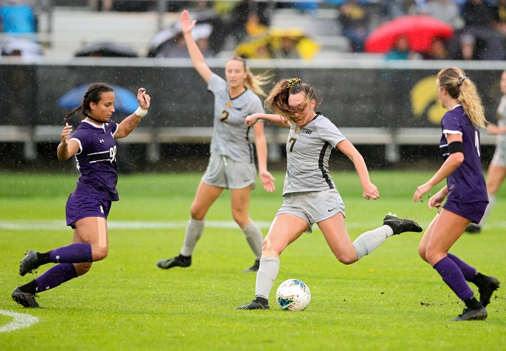 Iowa forward Skylar Alward (7) lines up a shot as her hair flies in her face during the second half of their match at the Iowa Soccer Complex in Iowa City on Sunday, Sep 29, 2019. (Stephen Mally/hawkeyesports.com)