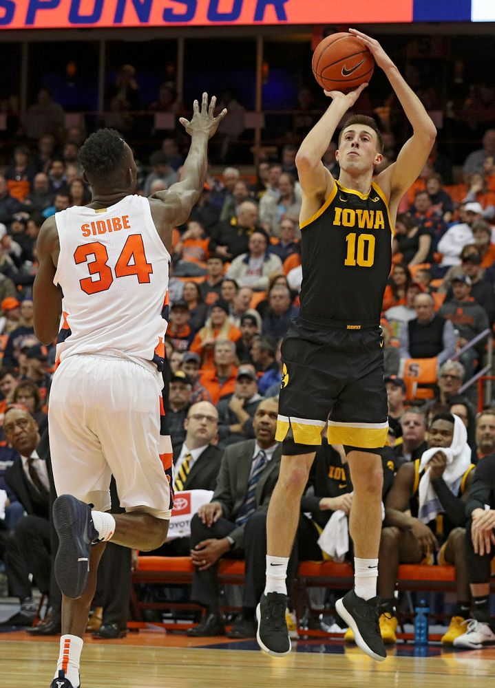 Iowa Hawkeyes guard Joe Wieskamp (10) makes a basket during the second half of their ACC/Big Ten Challenge game at the Carrier Dome in Syracuse, N.Y. on Tuesday, Dec 3, 2019. (Stephen Mally/hawkeyesports.com)