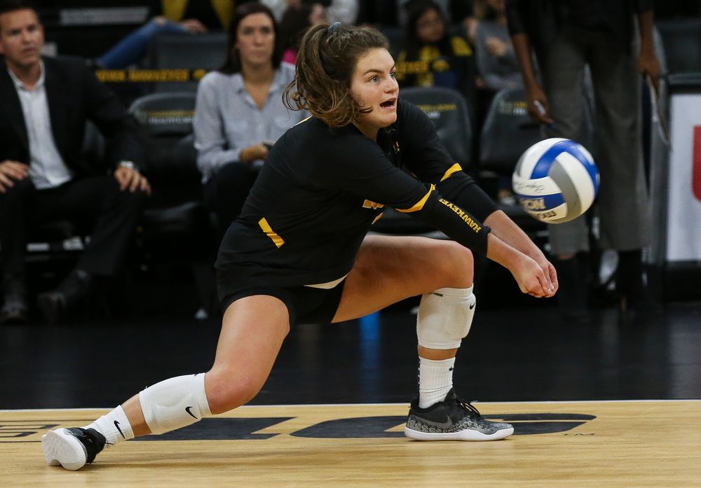 Iowa Hawkeyes defensive specialist Molly Kelly (1) digs the ball during a game against Purdue at Carver-Hawkeye Arena on October 13, 2018. (Tork Mason/hawkeyesports.com)