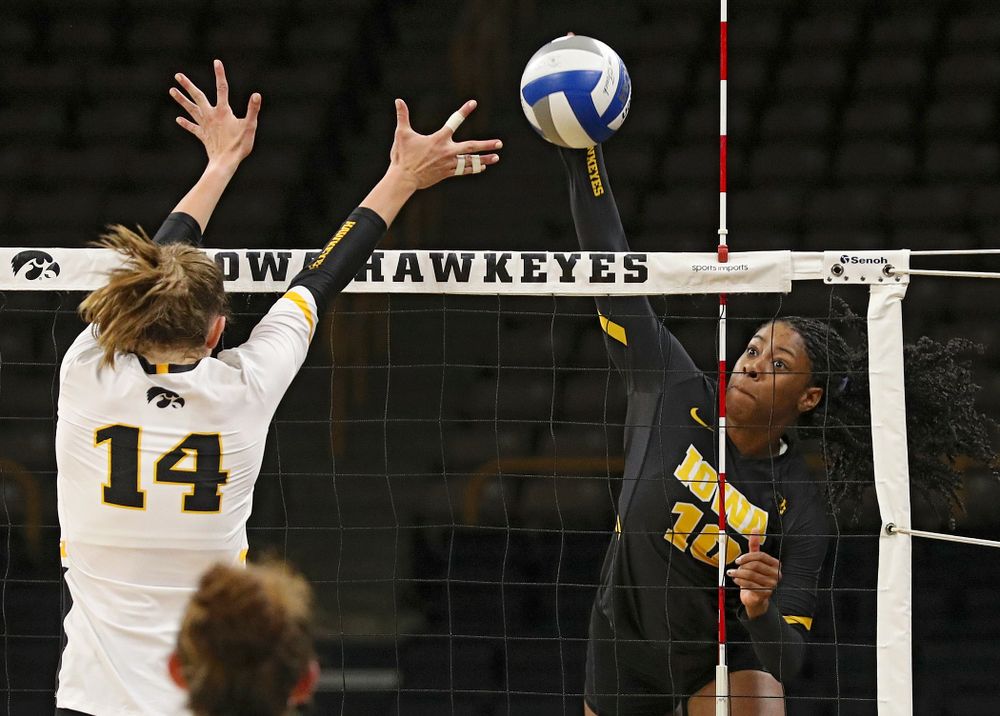 Iowa’s Griere Hughes (10) during the third set of the Black and Gold scrimmage at Carver-Hawkeye Arena in Iowa City on Saturday, Aug 24, 2019. (Stephen Mally/hawkeyesports.com)