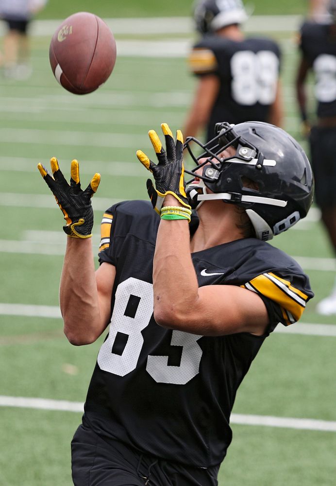 Iowa Hawkeyes wide receiver Alec Kritta (83) pulls in a pass during Fall Camp Practice No. 15 at the Hansen Football Performance Center in Iowa City on Monday, Aug 19, 2019. (Stephen Mally/hawkeyesports.com)