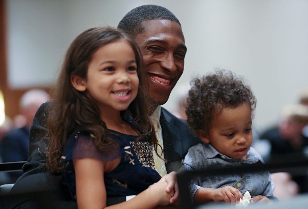 2019 University of Iowa Athletics Hall of Fame inductee Jeremy Allen with his kids during the Hall of Fame Induction Ceremony at the Coralville Marriott Hotel and Conference Center in Coralville on Friday, Aug 30, 2019. (Stephen Mally/hawkeyesports.com)