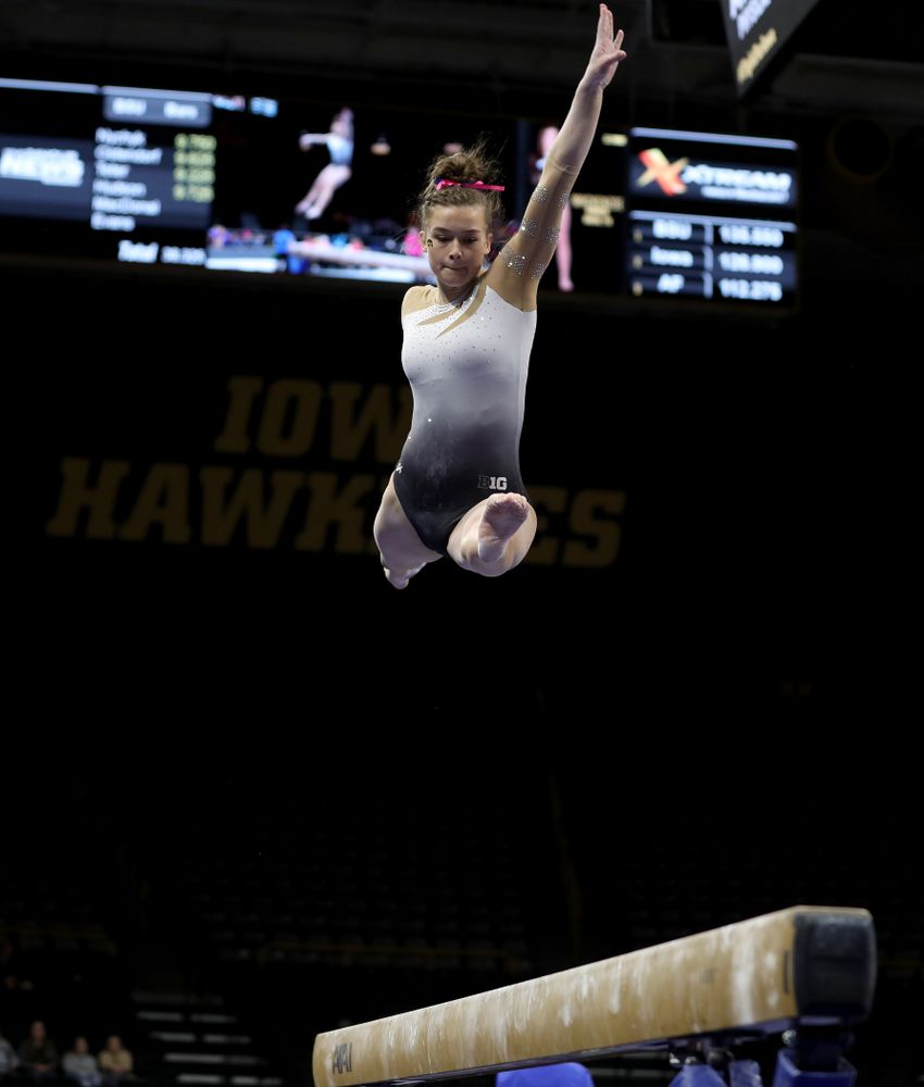 IowaÕs Mackenzie Vance competes on the beam against Ball State and Air Force Saturday, January 11, 2020 at Carver-Hawkeye Arena. (Brian Ray/hawkeyesports.com)