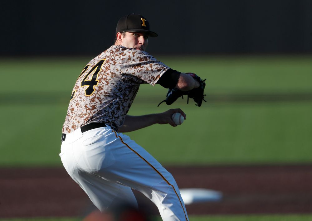 Iowa Hawkeyes pitcher Nick Allgeyer (24) during the Iowa Hawkeyes game against Oklahoma State Friday, May 4, 2018 at Duane Banks Field. (Brian Ray/hawkeyesports.com)