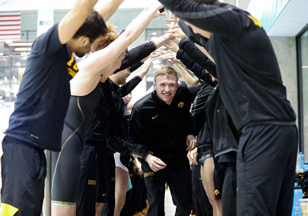 Iowa’s Sam Dumford is honored on senior day before their meet at the Campus Recreation and Wellness Center in Iowa City on Friday, February 7, 2020. (Stephen Mally/hawkeyesports.com)