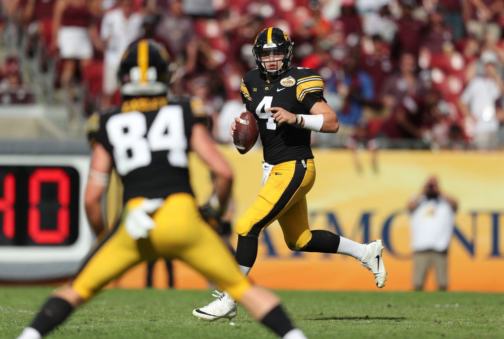 Iowa Hawkeyes quarterback Nate Stanley (4) during the Outback Bowl Tuesday, January 1, 2019 at Raymond James Stadium in Tampa, FL. (Brian Ray/hawkeyesports.com)