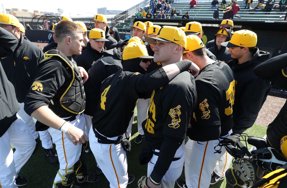 Iowa Hawkeyes infielder Mitchell Boe (4) and Tanner Wetrich (16) against California State Northridge Sunday, March 17, 2019 at Duane Banks Field. (Brian Ray/hawkeyesports.com)