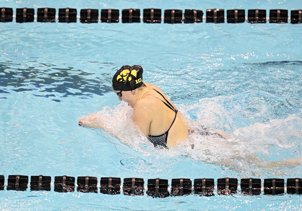 Iowa’s Millie Sansome swims the women’s 100 yard individual medley event during their meet at the Campus Recreation and Wellness Center in Iowa City on Friday, February 7, 2020. (Stephen Mally/hawkeyesports.com)