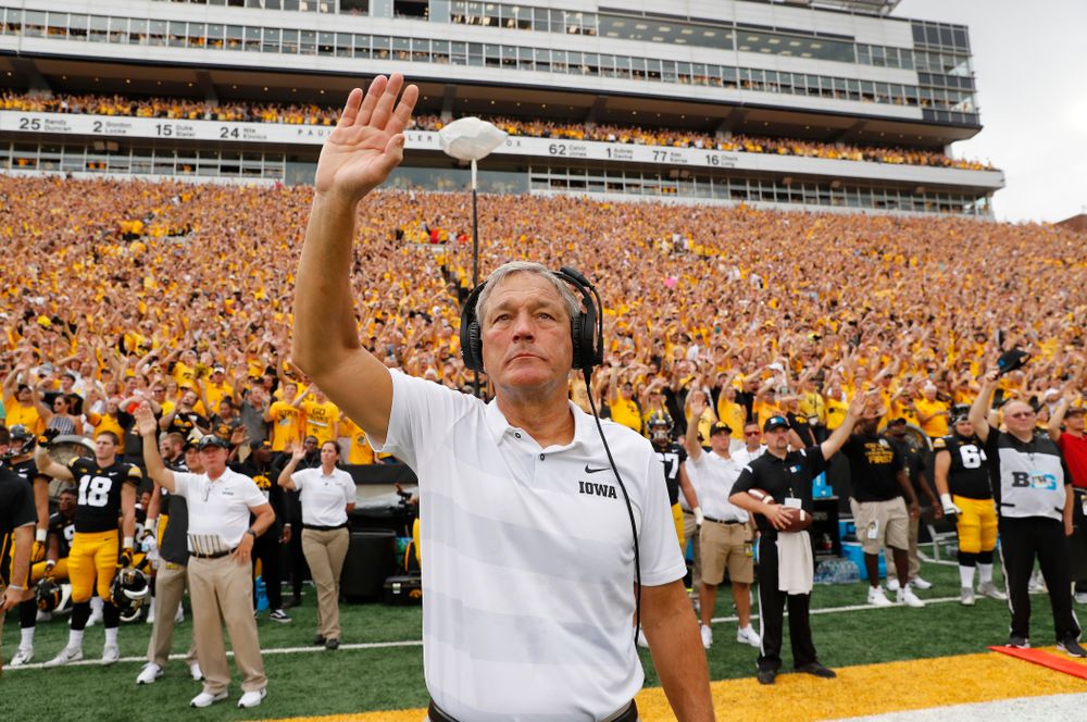 Iowa Hawkeyes head coach Kirk Ferentz  waves to the Stead Family Children's Hospital during their game against the Northern Illinois Huskies Saturday, September 1, 2018 at Kinnick Stadium. (Brian Ray/hawkeyesports.com)