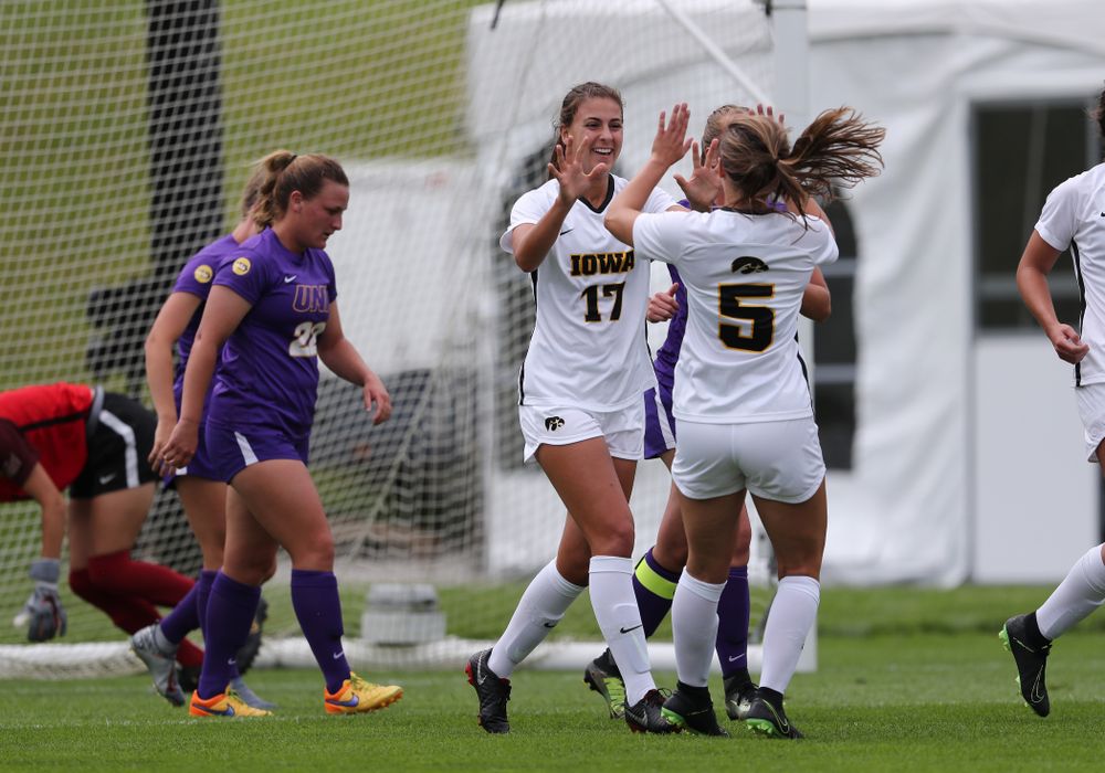 Iowa Hawkeyes defender Hannah Drkulec (17) celebrates after scoring during a 6-1 win over Northern Iowa Sunday, August 25, 2019 at the Iowa Soccer Complex. (Brian Ray/hawkeyesports.com)