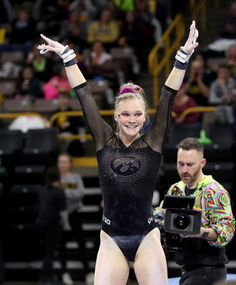 Iowa’s Allyson Steffensmeier competes on the bars against Michigan Friday, February 14, 2020 at Carver-Hawkeye Arena. (Brian Ray/hawkeyesports.com)