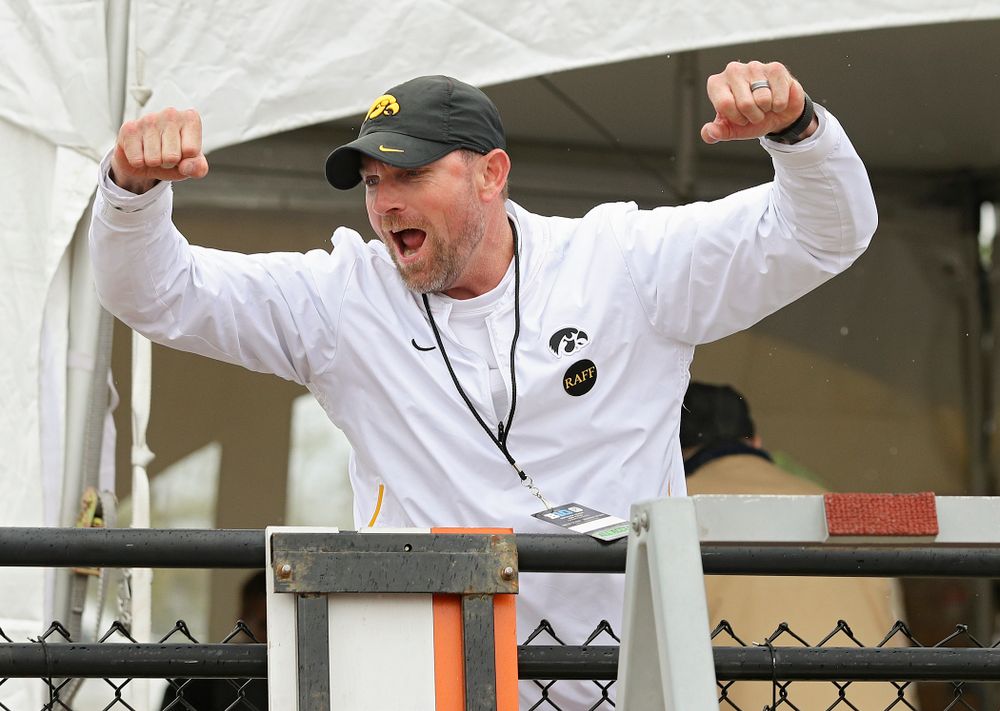 Iowa Director of Track and Field Joey Woody celebrates after Chris Douglas (not pictured) won the men’s 400 meter hurdles event on the third day of the Big Ten Outdoor Track and Field Championships at Francis X. Cretzmeyer Track in Iowa City on Sunday, May. 12, 2019. (Stephen Mally/hawkeyesports.com)